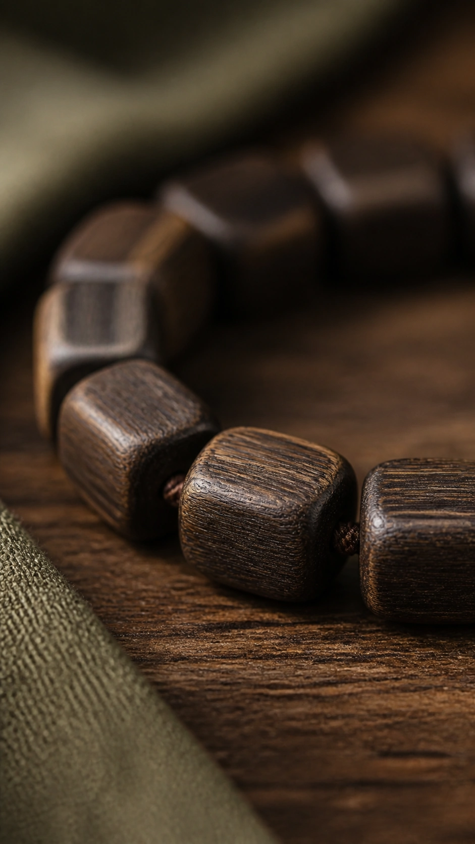 Hainan Agarwood Cube-Bead Bracelet, 7mm product view showing materials, bead shape, texture and design details, wood grain and material detail