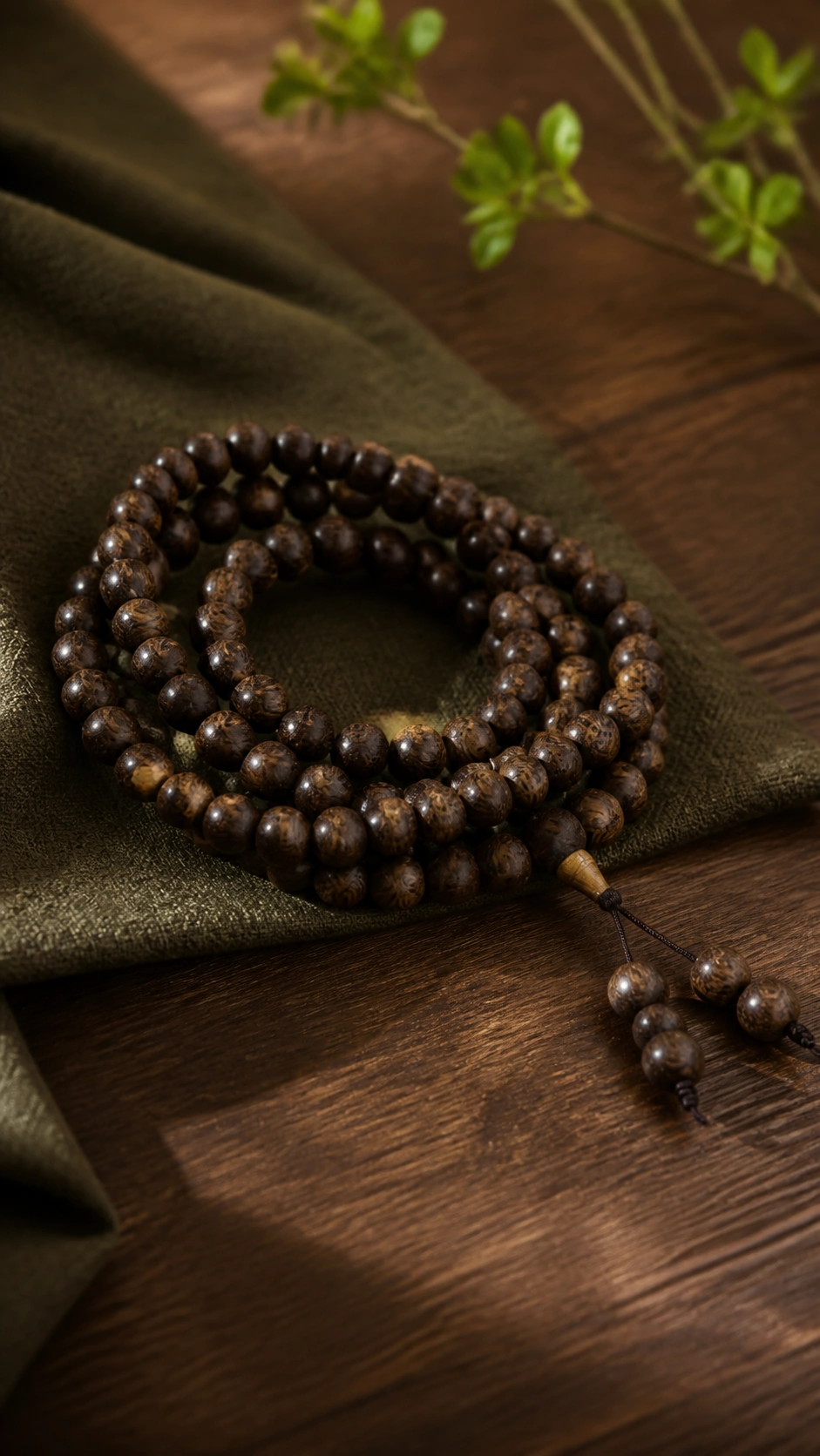 Brunei Agarwood Freeform Bracelet product view showing materials, bead shape, texture and design details, styled incense scene