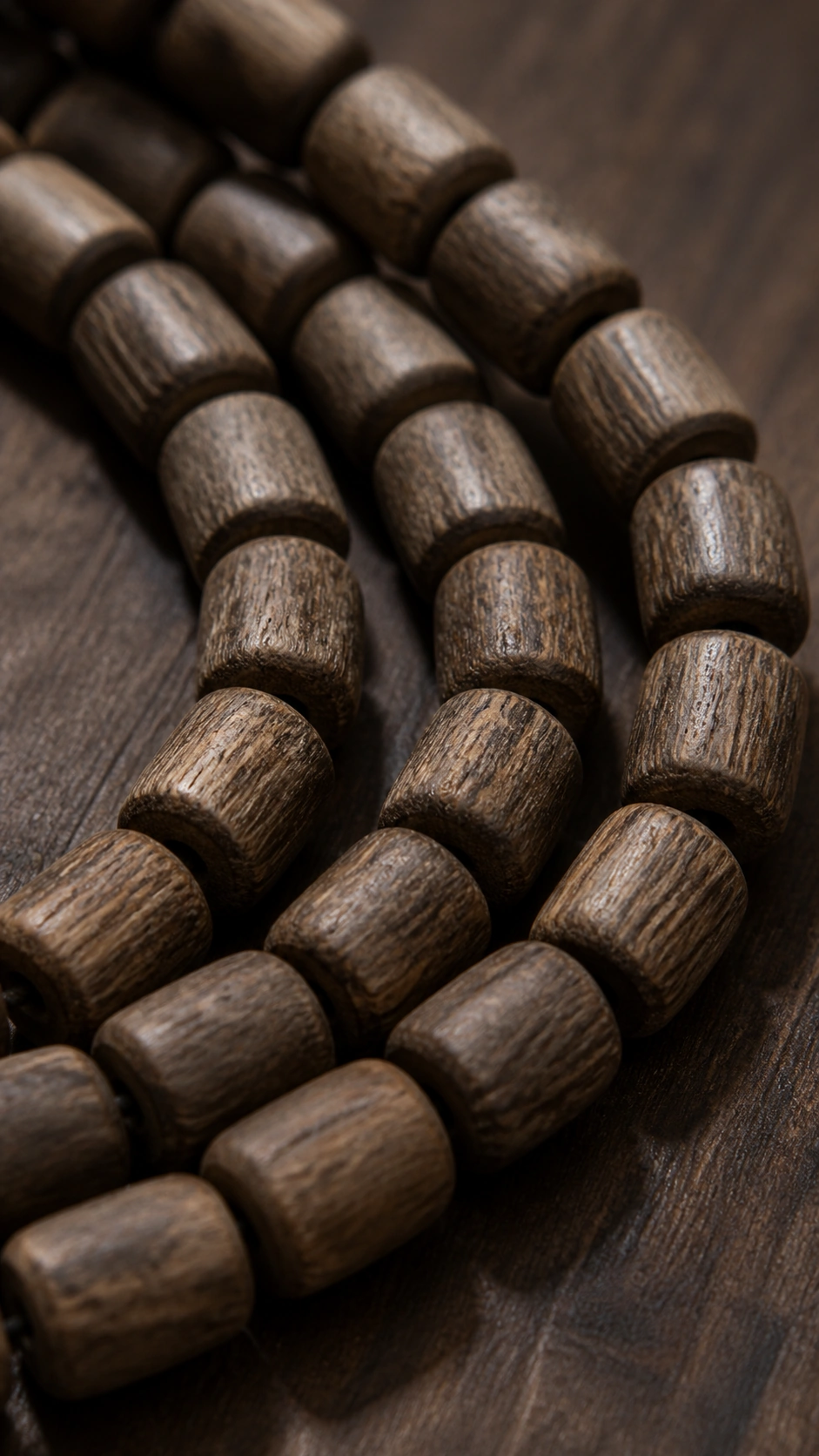 Hainan Agarwood Single-Wrap Bracelet product view showing materials, bead shape, texture and design details, wood grain and material detail