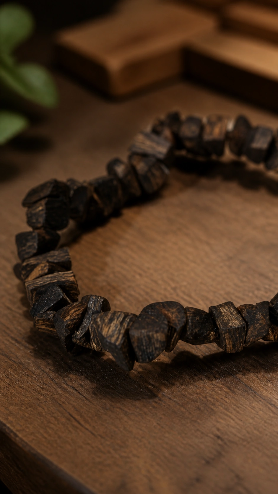108-Bead Dalagan Agarwood Mala, 8mm product view showing materials, bead shape, texture and design details, wood grain and material detail