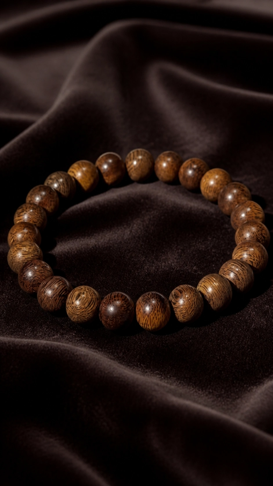 Kelantan Agarwood Bracelet, 8mm product view showing materials, bead shape, texture and design details, wood grain and material detail