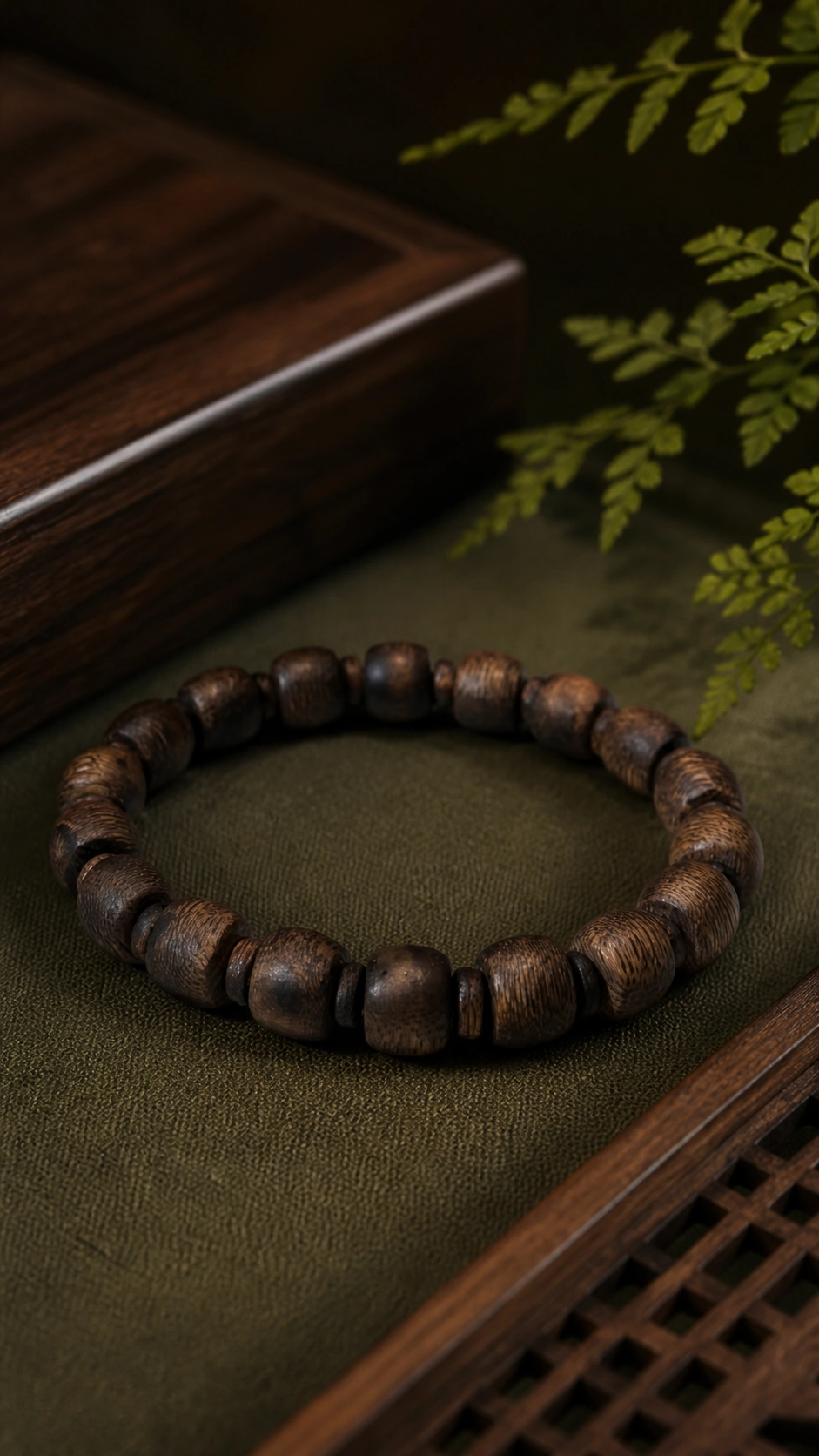 Brunei Agarwood Barrel-Bead Bracelet, 9mm product view showing materials, bead shape, texture and design details, styled incense scene