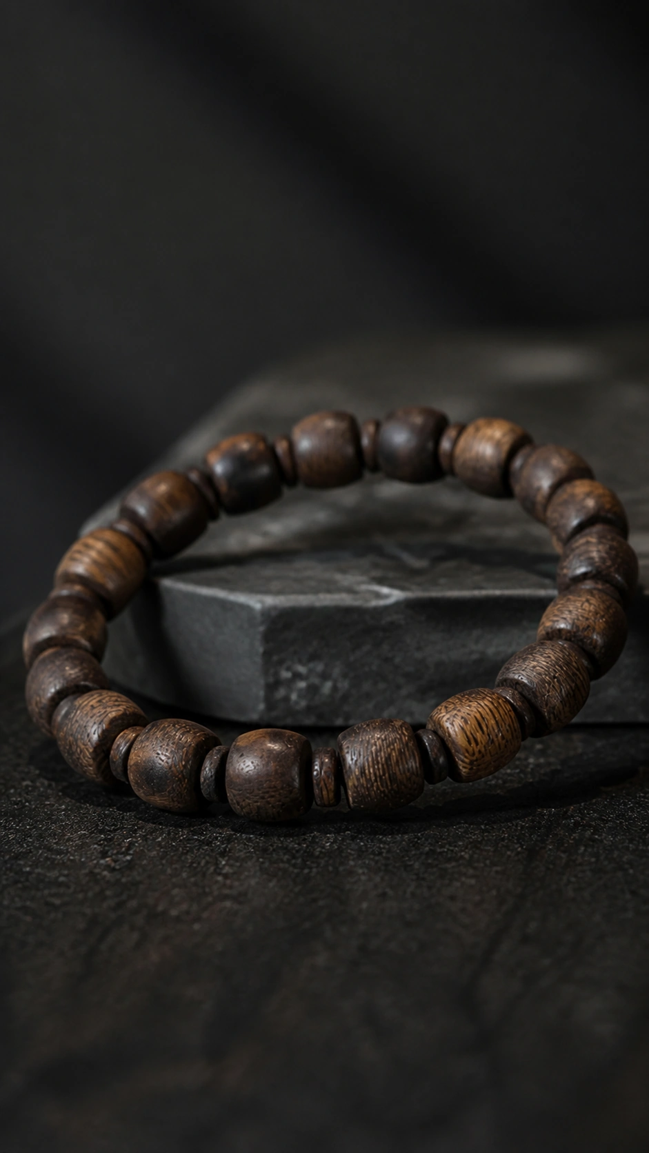 Brunei Agarwood Barrel-Bead Bracelet, 9mm product view showing materials, bead shape, texture and design details, wood grain and material detail