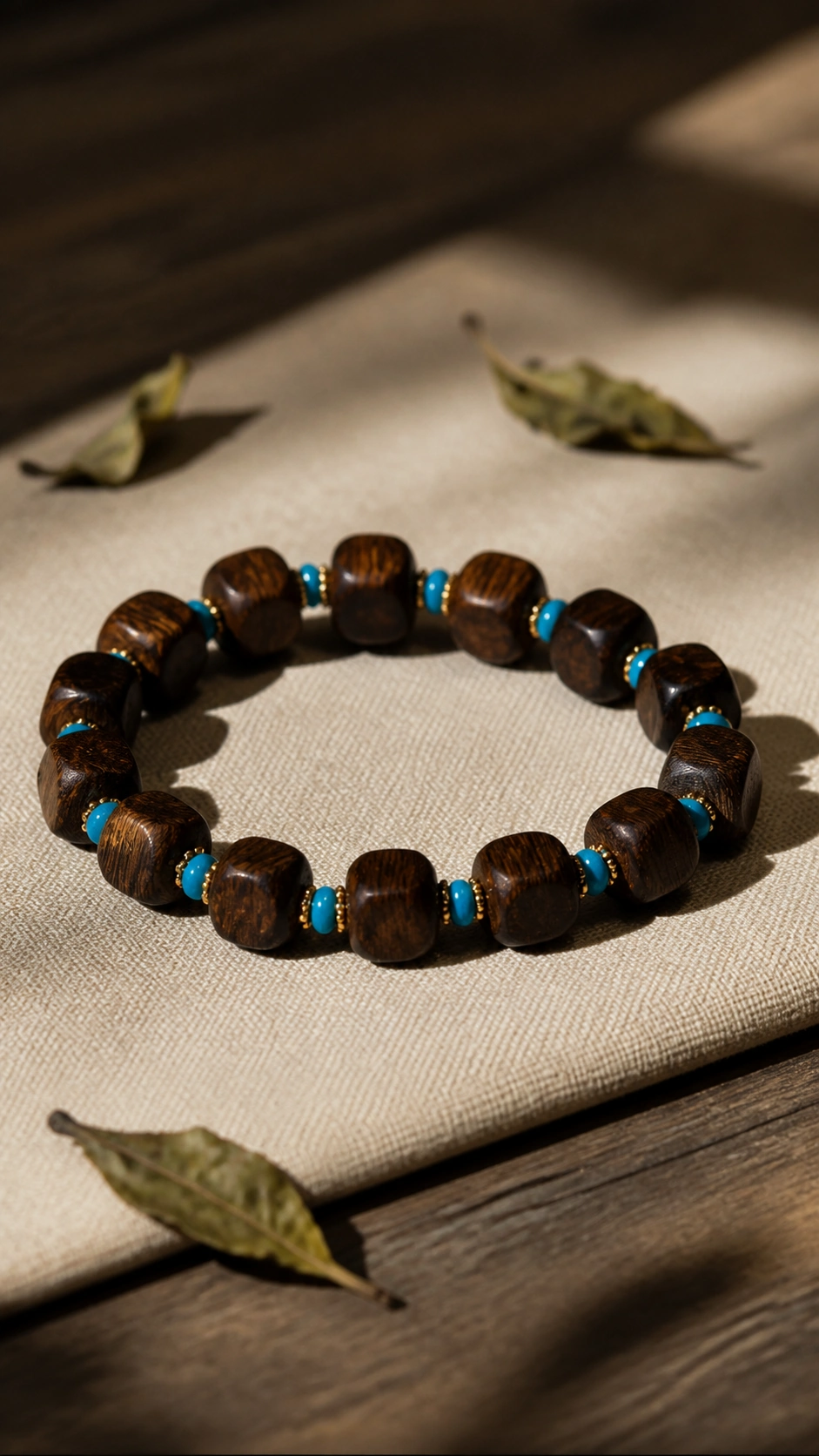Brunei Agarwood Double-Wrap Bracelet, 6mm product view showing materials, bead shape, texture and design details, wood grain and material detail