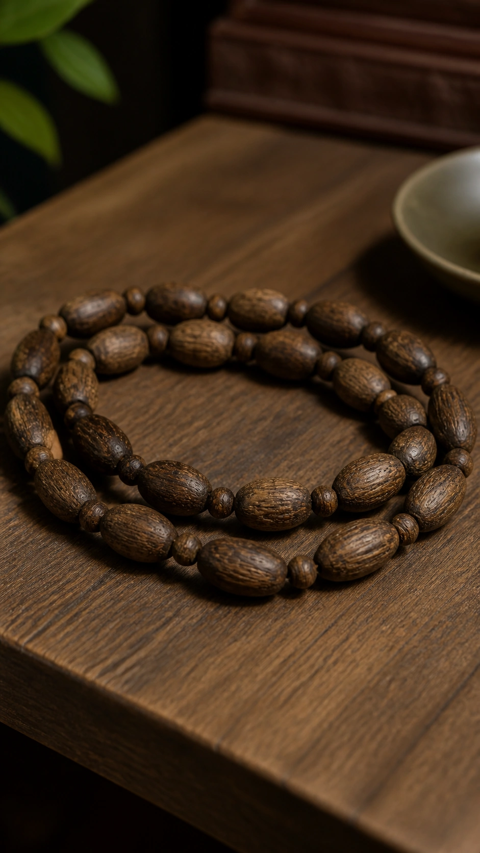 Brunei Agarwood Bracelet with Amber and Nanhong, 6mm product view showing materials, bead shape, texture and design details, wood grain and material detail
