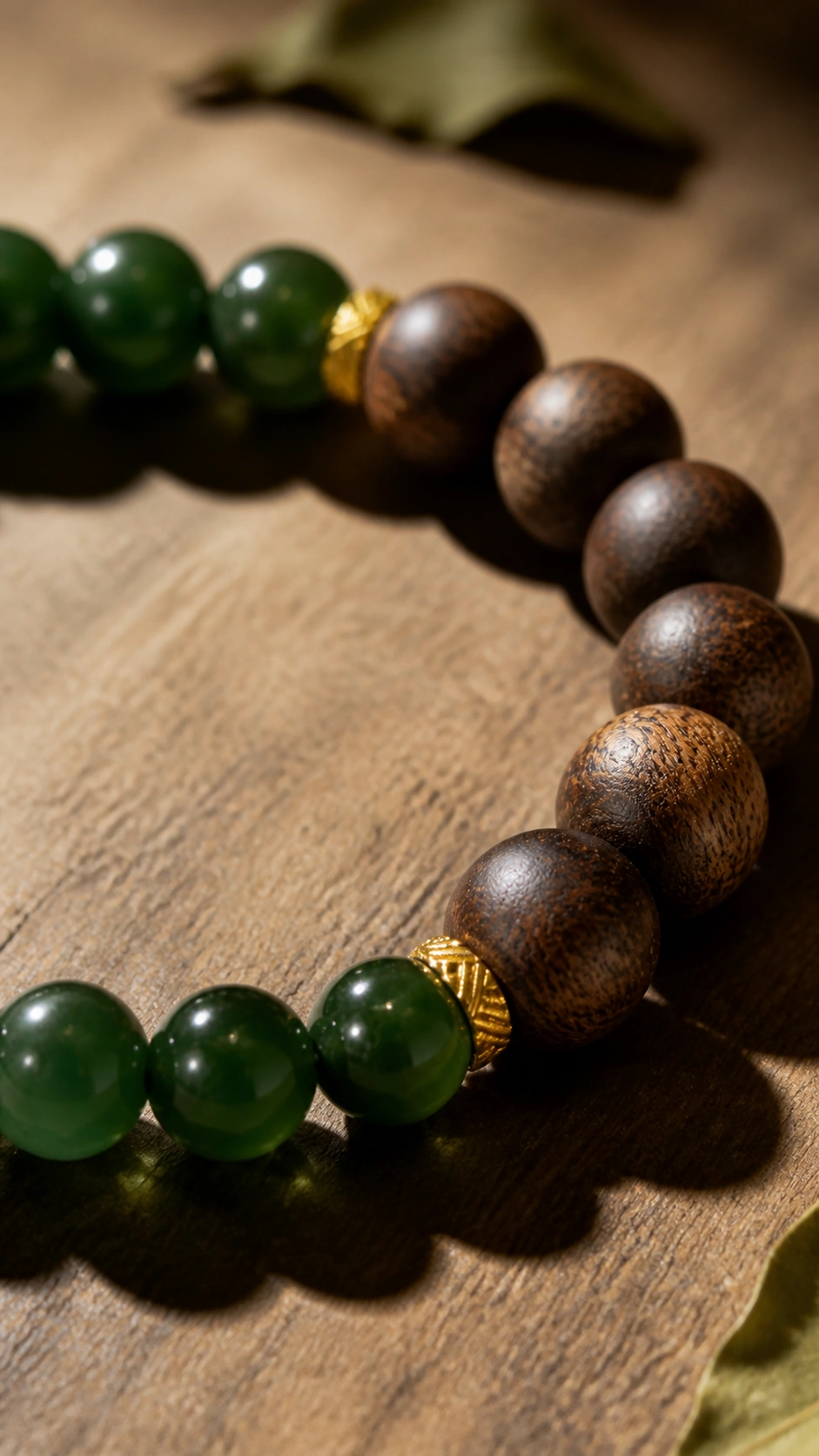 Dalagan Agarwood Bracelet with Clear Quartz product view showing materials, bead shape, texture and design details, wood grain and material detail