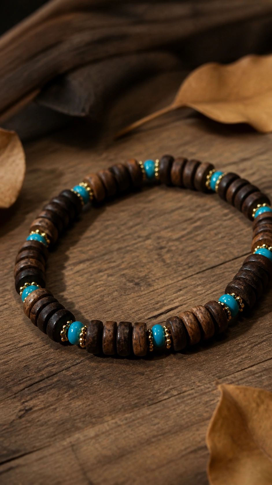 Brunei Agarwood Multi-Wrap Bracelet, 8mm product view showing materials, bead shape, texture and design details, wood grain and material detail