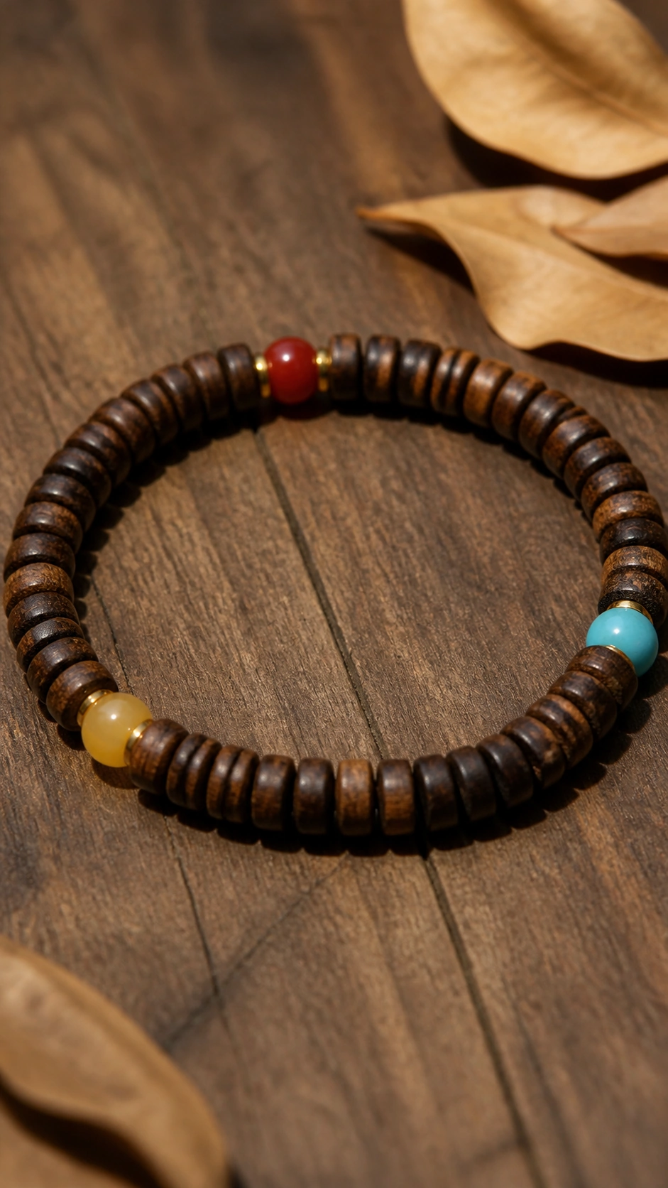 East Malaysia Agarwood Multi-Wrap Bracelet, 8mm product view showing materials, bead shape, texture and design details, wood grain and material detail