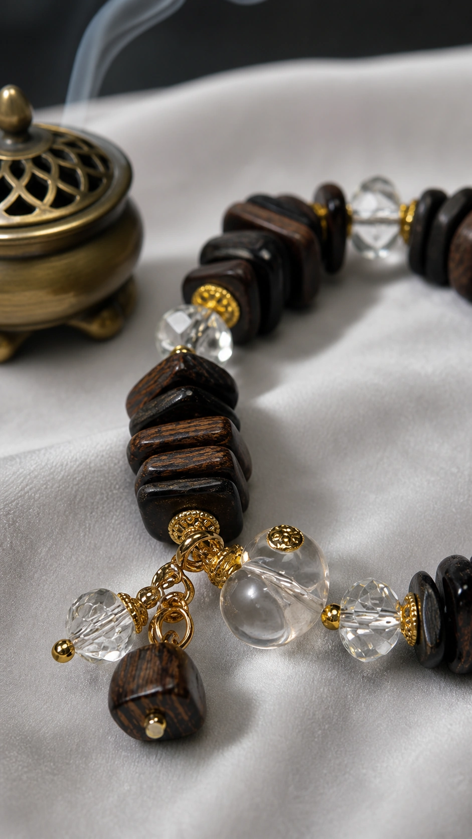 Dalagan Agarwood and Jade Bracelet, 10mm product view showing materials, bead shape, texture and design details, wood grain and material detail