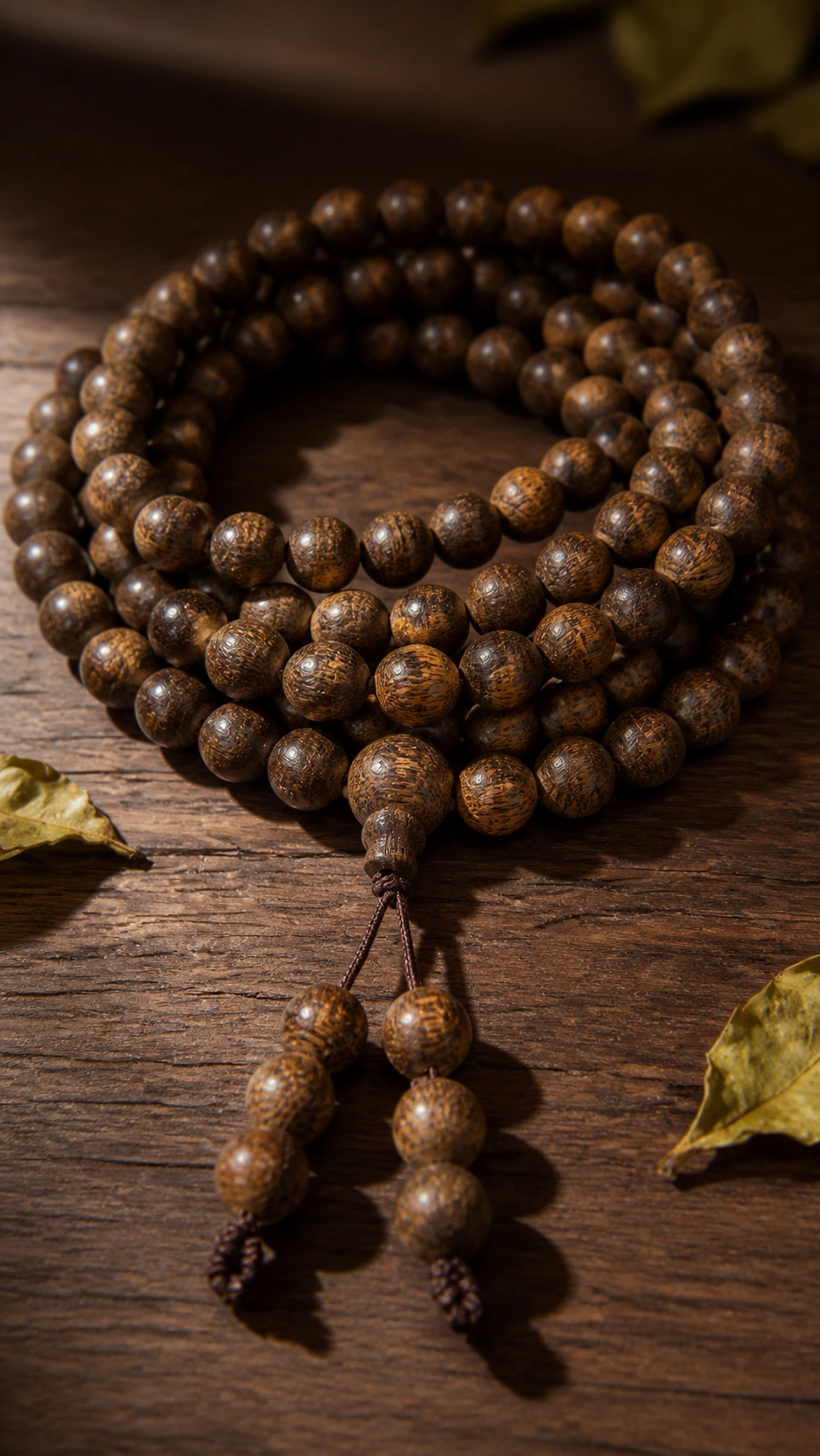 Hainan Agarwood and Turquoise Bracelet, 6mm product view showing materials, bead shape, texture and design details, wood grain and material detail