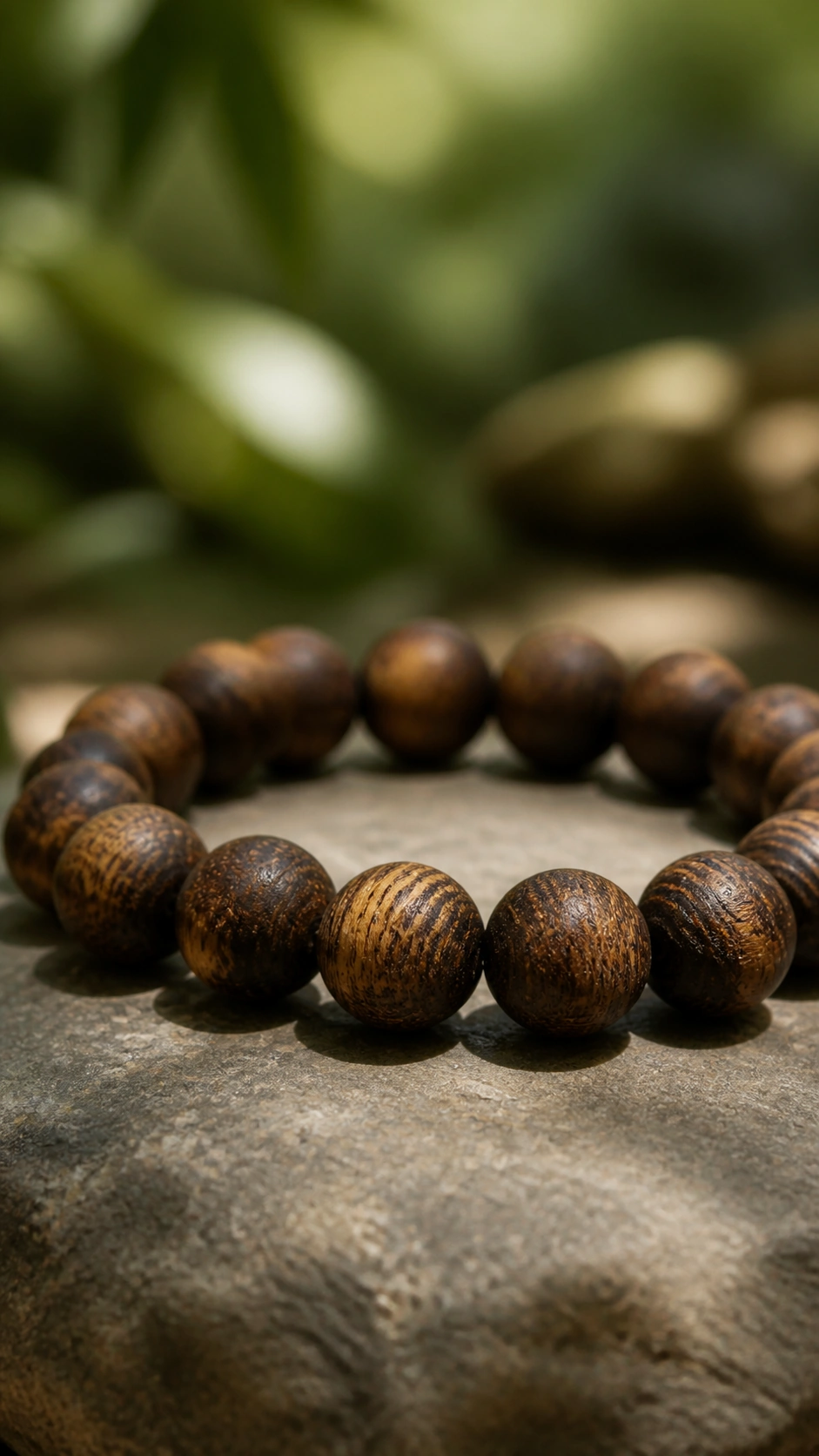 Nha Trang Agarwood Bracelet, 10mm product view showing materials, bead shape, texture and design details, wood grain and material detail