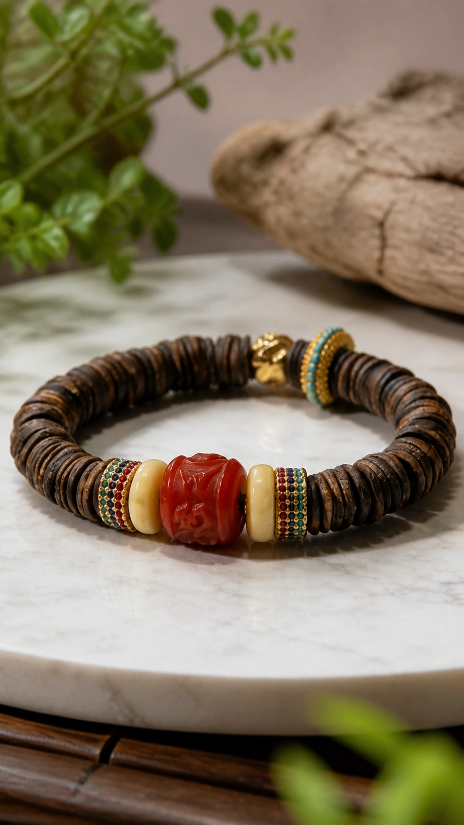 Dalagan Agarwood Bracelet with Amber and Nanhong product view showing materials, bead shape, texture and design details, wood grain and material detail
