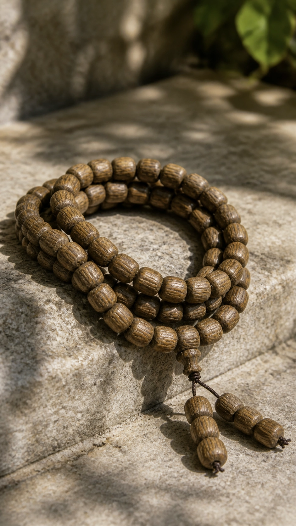 Da Lat Agarwood Multi-Wrap Bracelet, 7mm product view showing materials, bead shape, texture and design details, wood grain and material detail