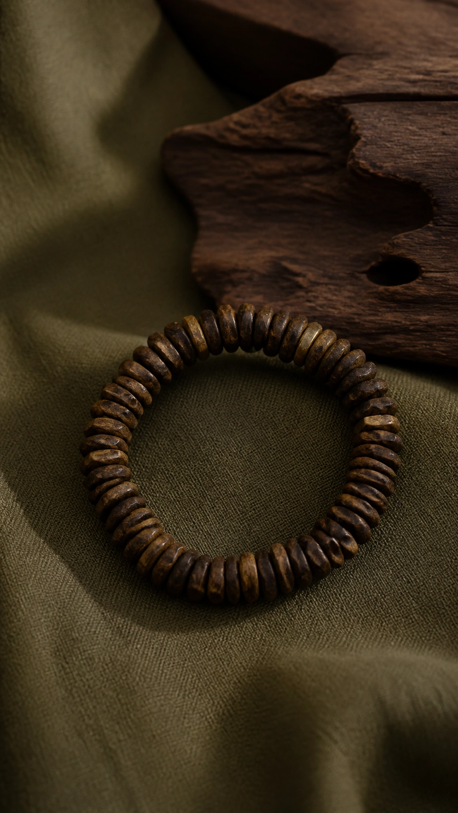 Brunei Agarwood Freeform Bracelet, 10-15g product view showing materials, bead shape, texture and design details, styled incense scene