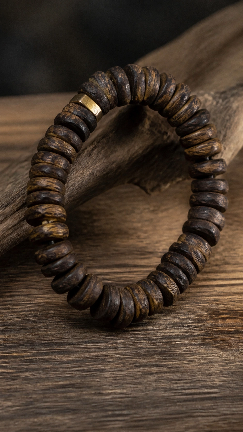 Brunei Agarwood Freeform Bracelet, 10-15g product view showing materials, bead shape, texture and design details, wood grain and material detail