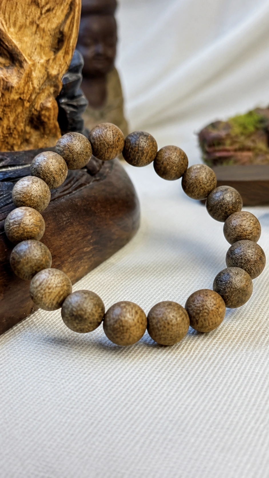 Vietnamese Agarwood Bracelet, 10mm product view showing materials, bead shape, texture and design details, wood grain and material detail