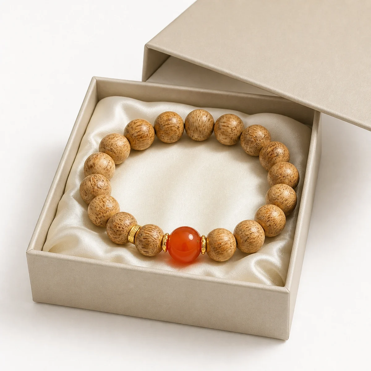 Agarwood Bead Bracelet with Orange Accent - Design Detail