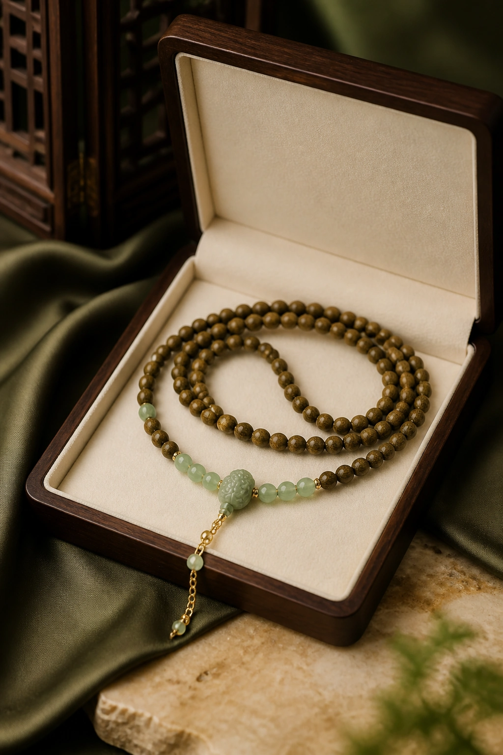 Green Agarwood and Nanhong Double-Wrap Bracelet, 6mm - image 6