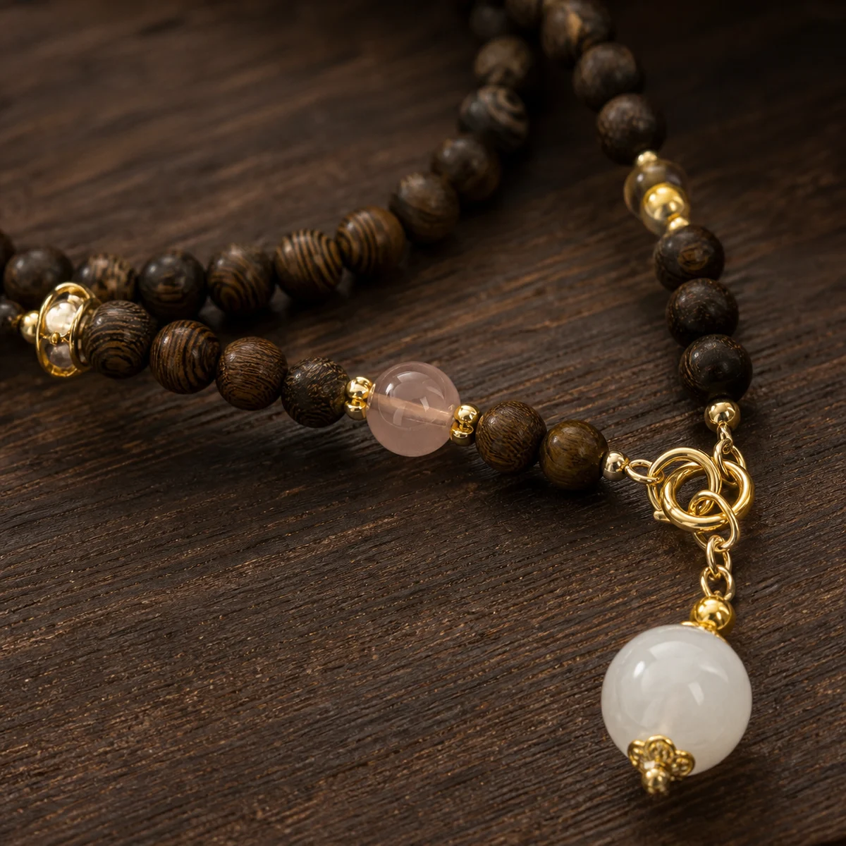 Wood Bead Pendant Necklace Detail