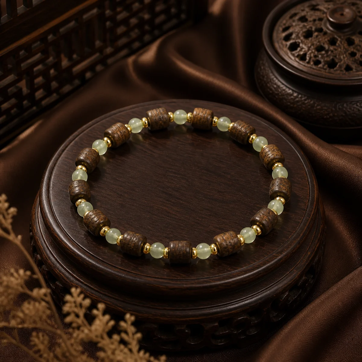 Wood and Green Bead Bracelet Styled Scene