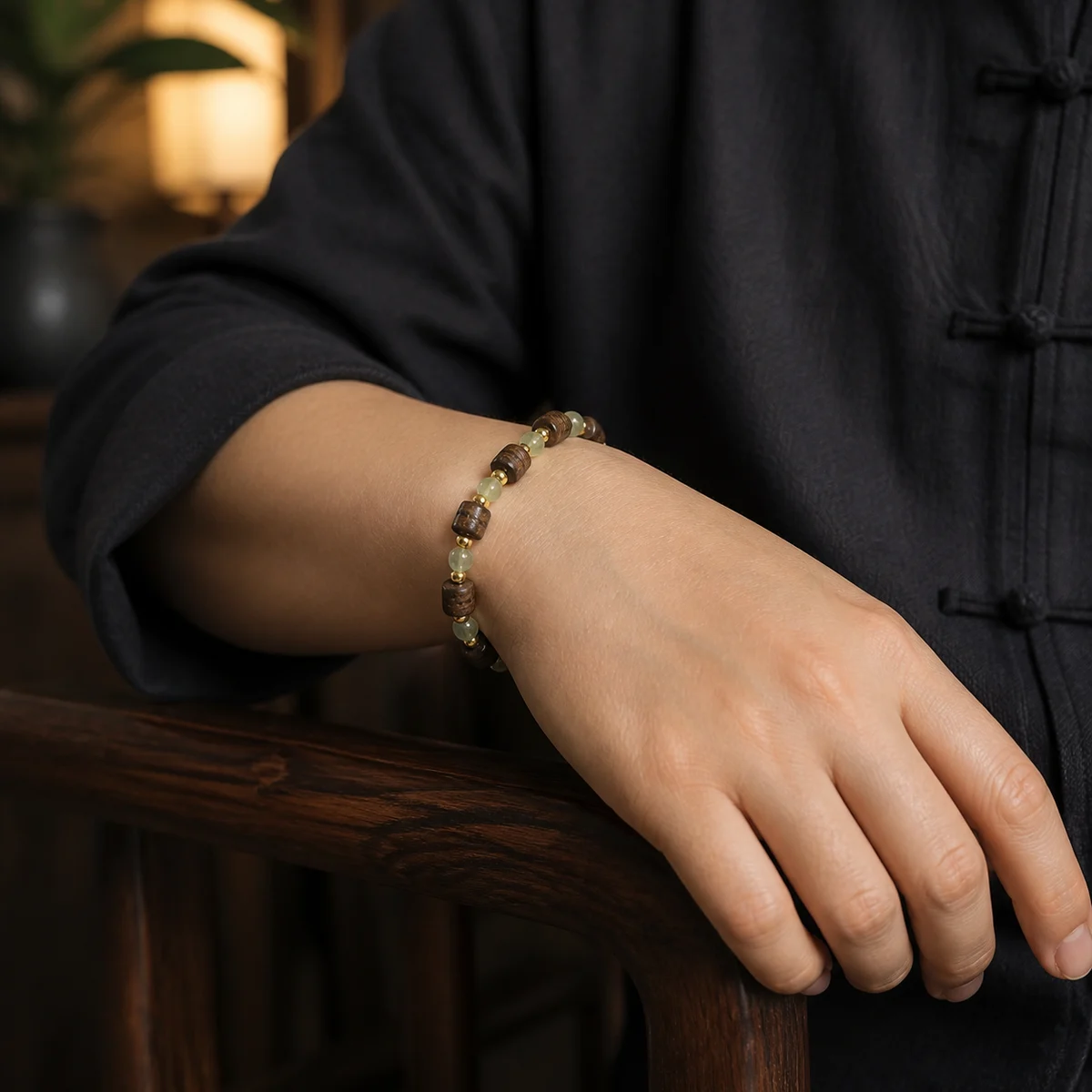 Wood and Green Bead Bracelet Worn View