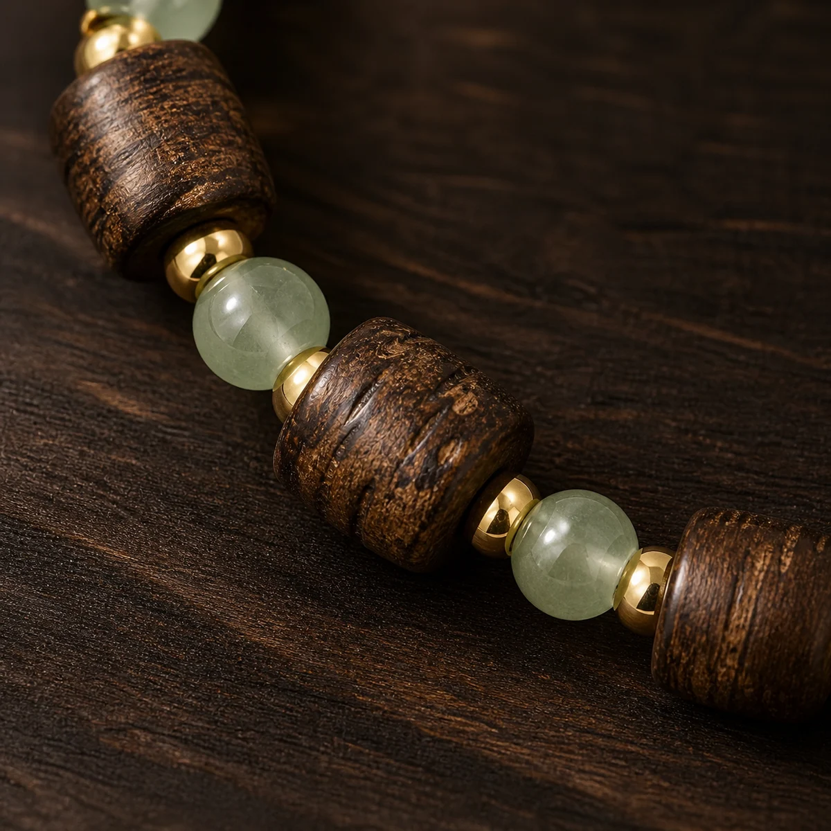 Wood and Green Bead Bracelet Detail