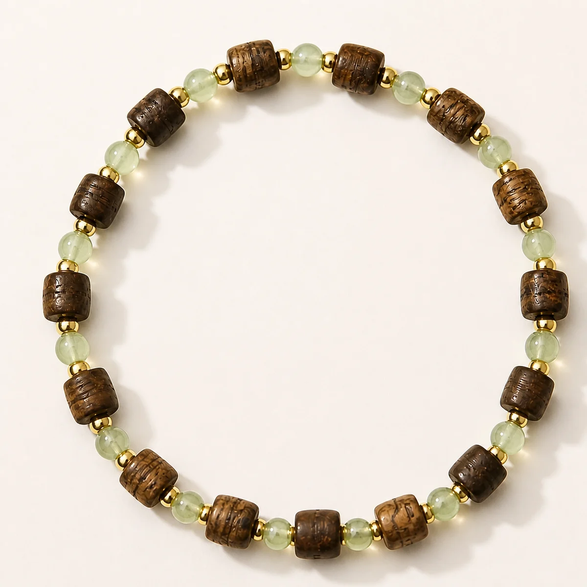 Wood and Green Bead Bracelet Studio View