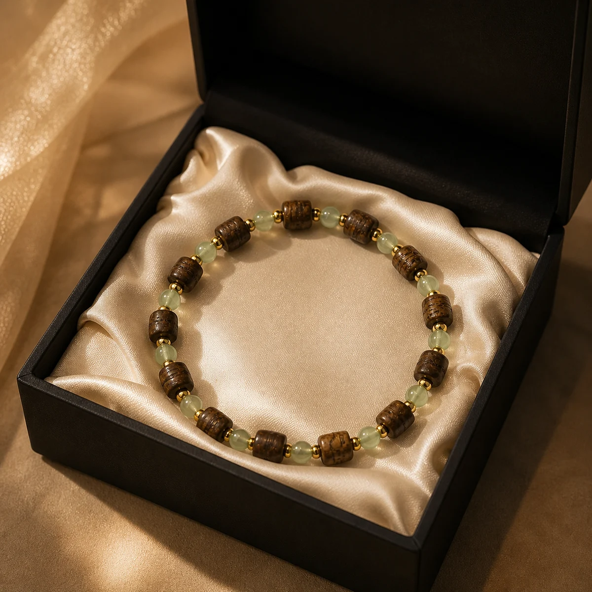 Wood and Green Bead Bracelet Gift Box