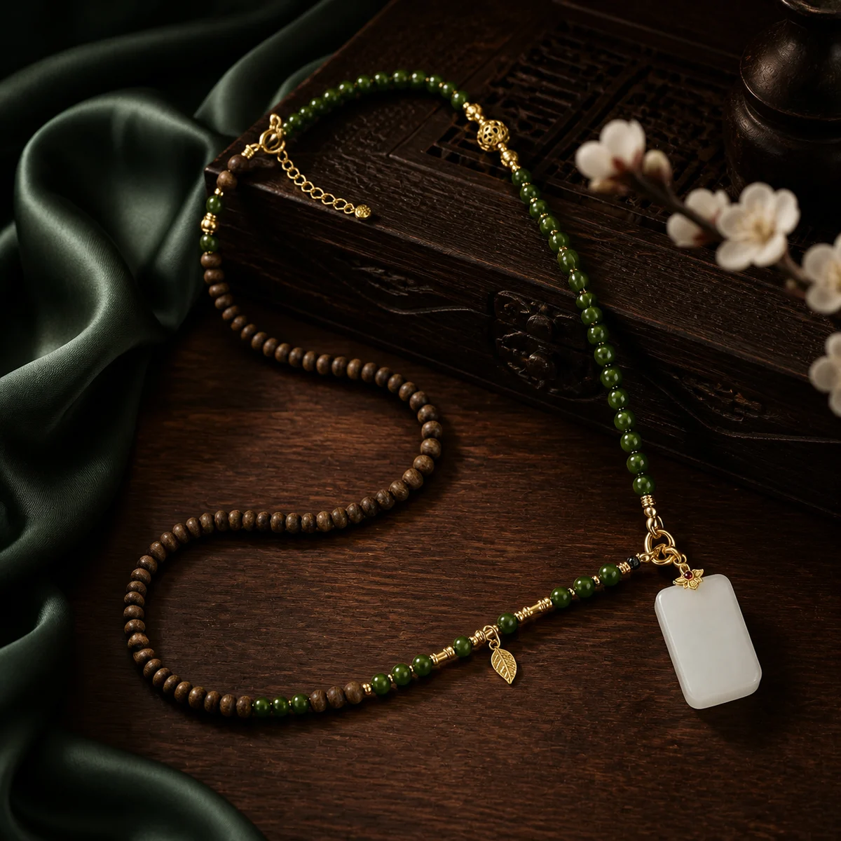 Wood and Green Bead Pendant Necklace Styled Scene