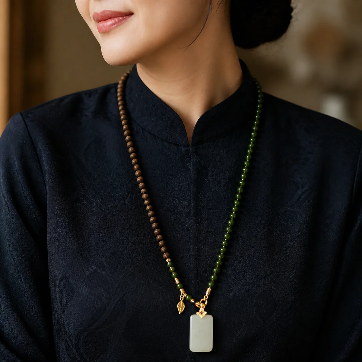 Wood and Green Bead Pendant Necklace Worn View