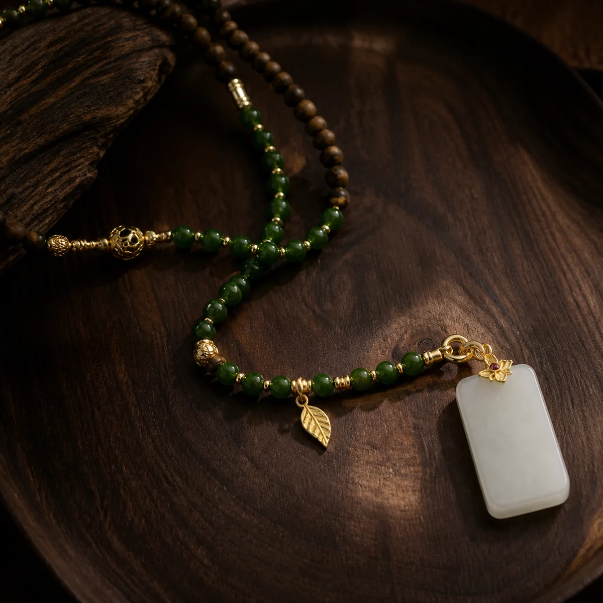 Wood and Green Bead Pendant Necklace Detail