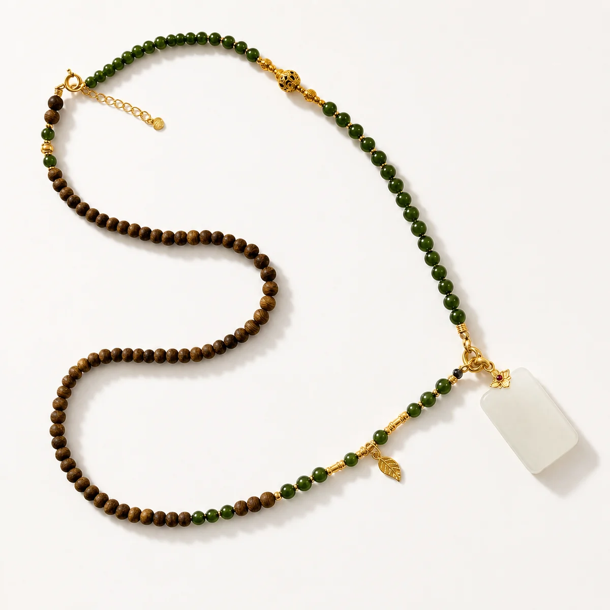 Wood and Green Bead Pendant Necklace Studio View
