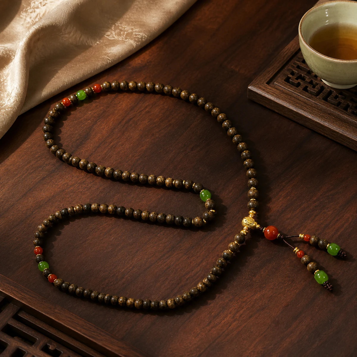 Wood bead strand in a New Chinese setting