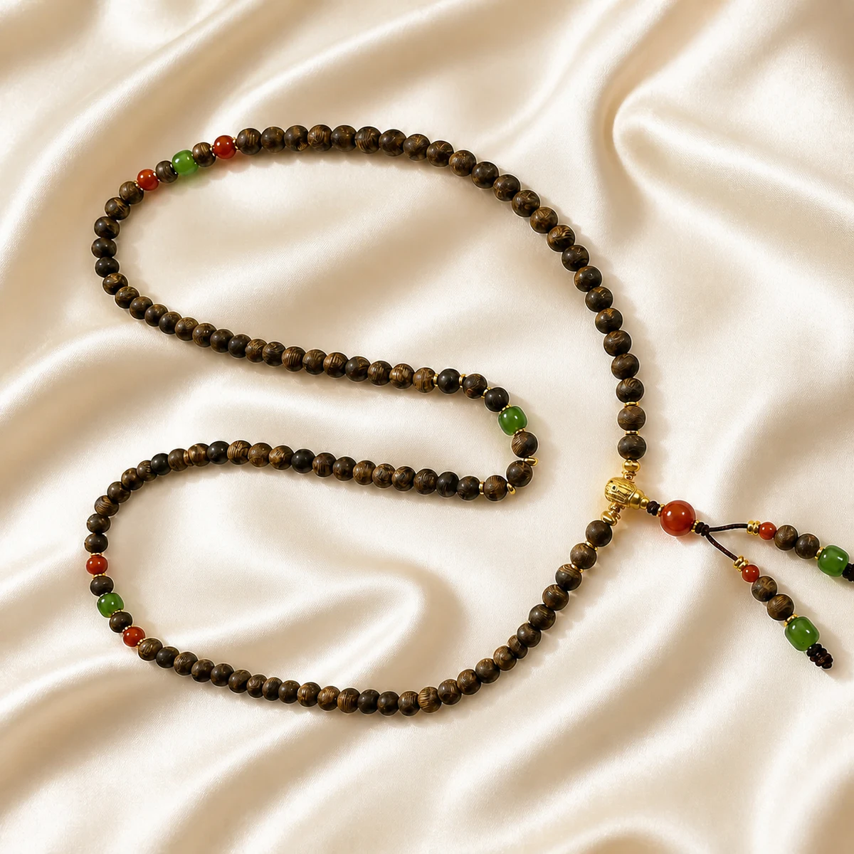 Wood bead strand on silk