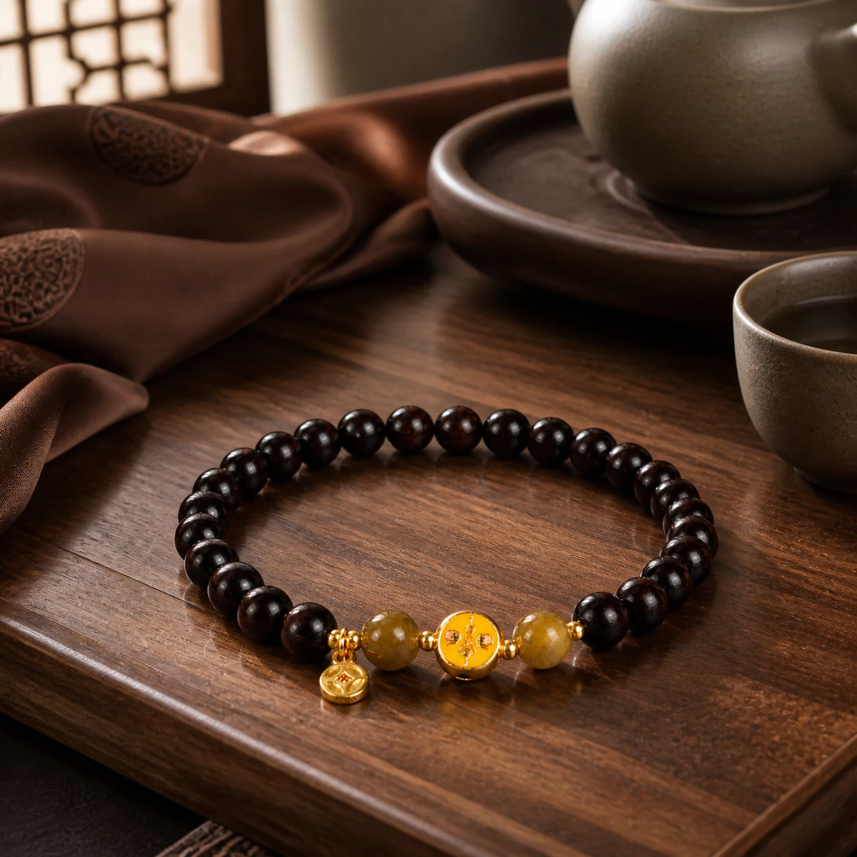Dark wood and honey bead bracelet in a New Chinese setting