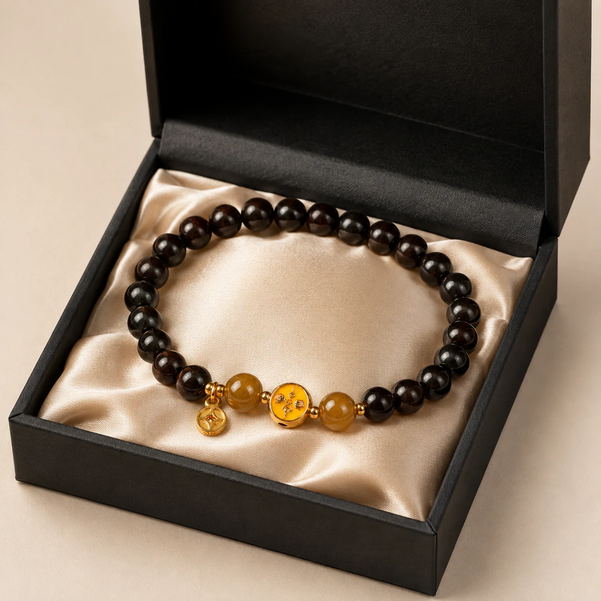 Dark wood and honey bead bracelet in gift box