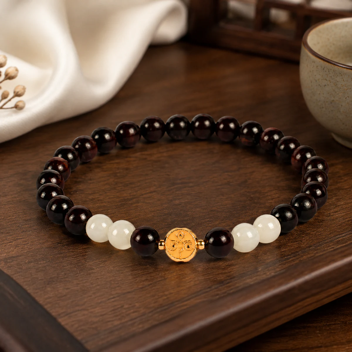 Dark wood and white bead bracelet in a New Chinese setting