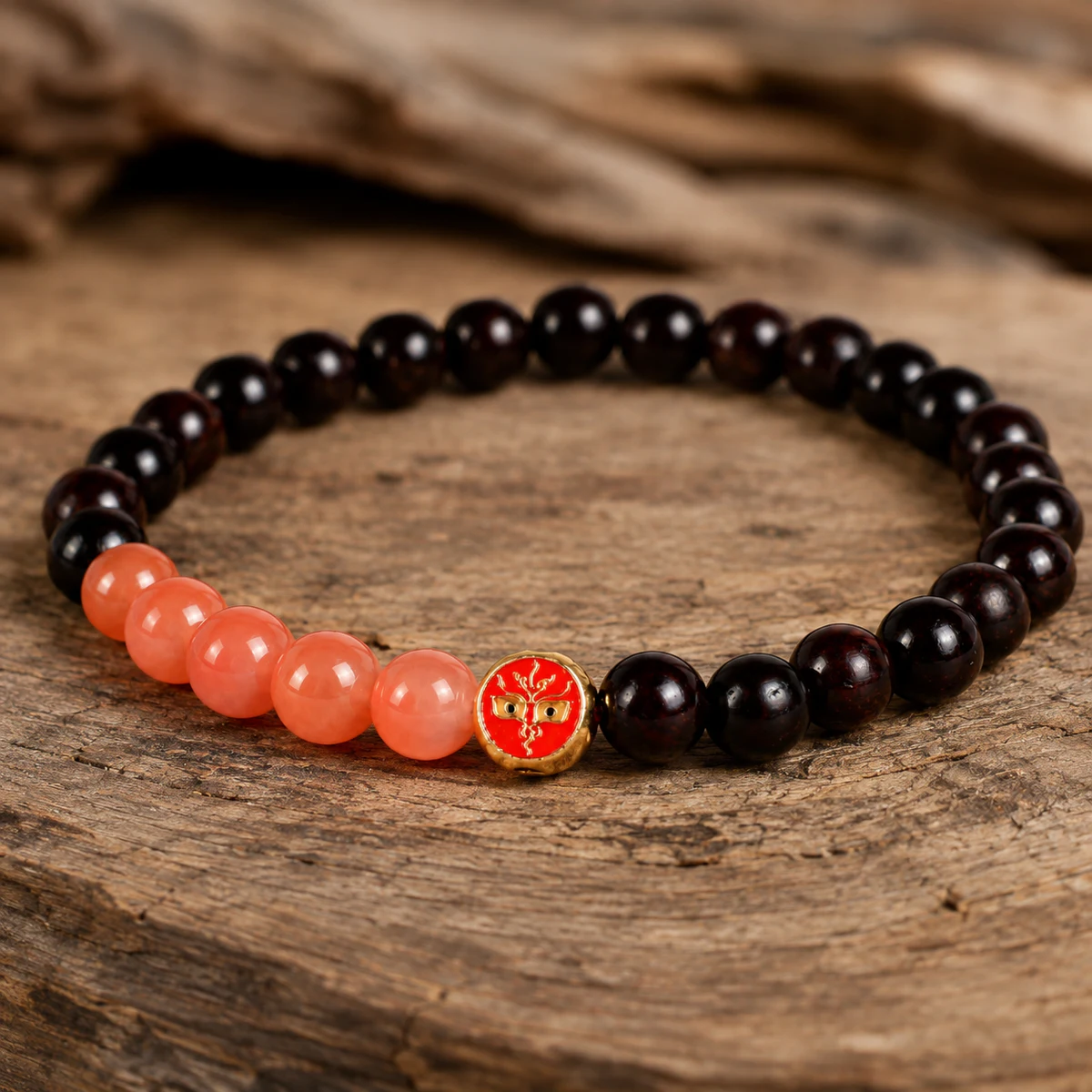 Red medallion bead bracelet detail