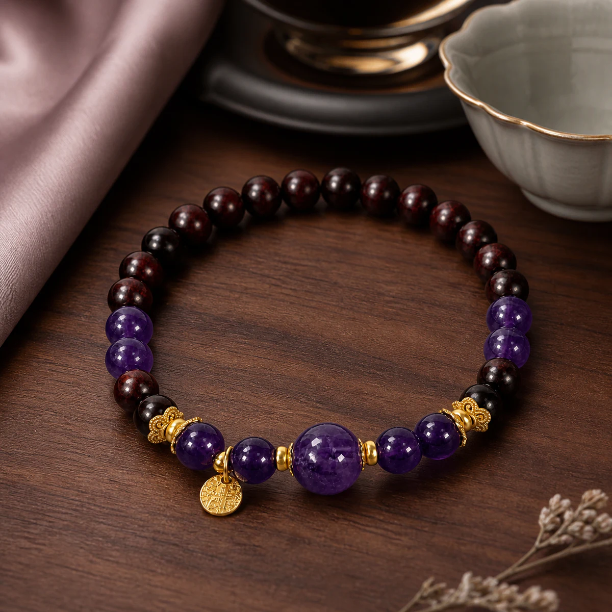 Purple gemstone and dark wood bead bracelet in a New Chinese setting