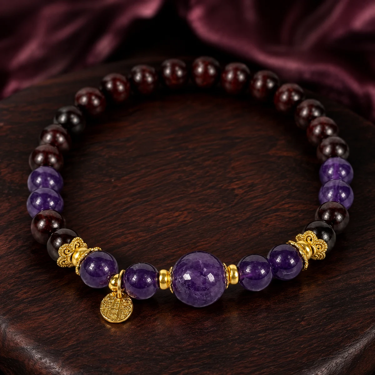Purple gemstone bead bracelet centerpiece detail