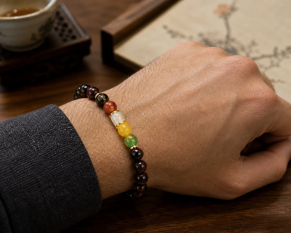 Dark wood bead bracelet worn on wrist