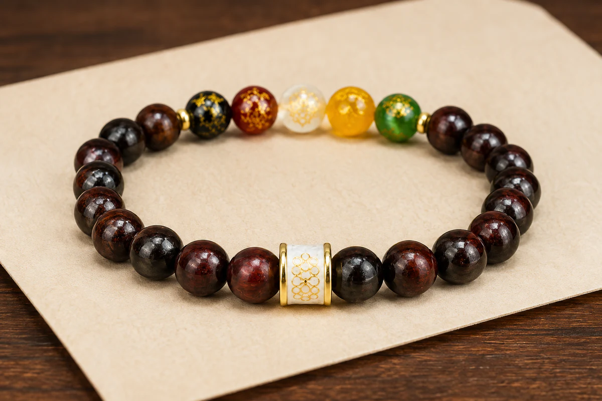 Dark wood bracelet colorful accent bead detail