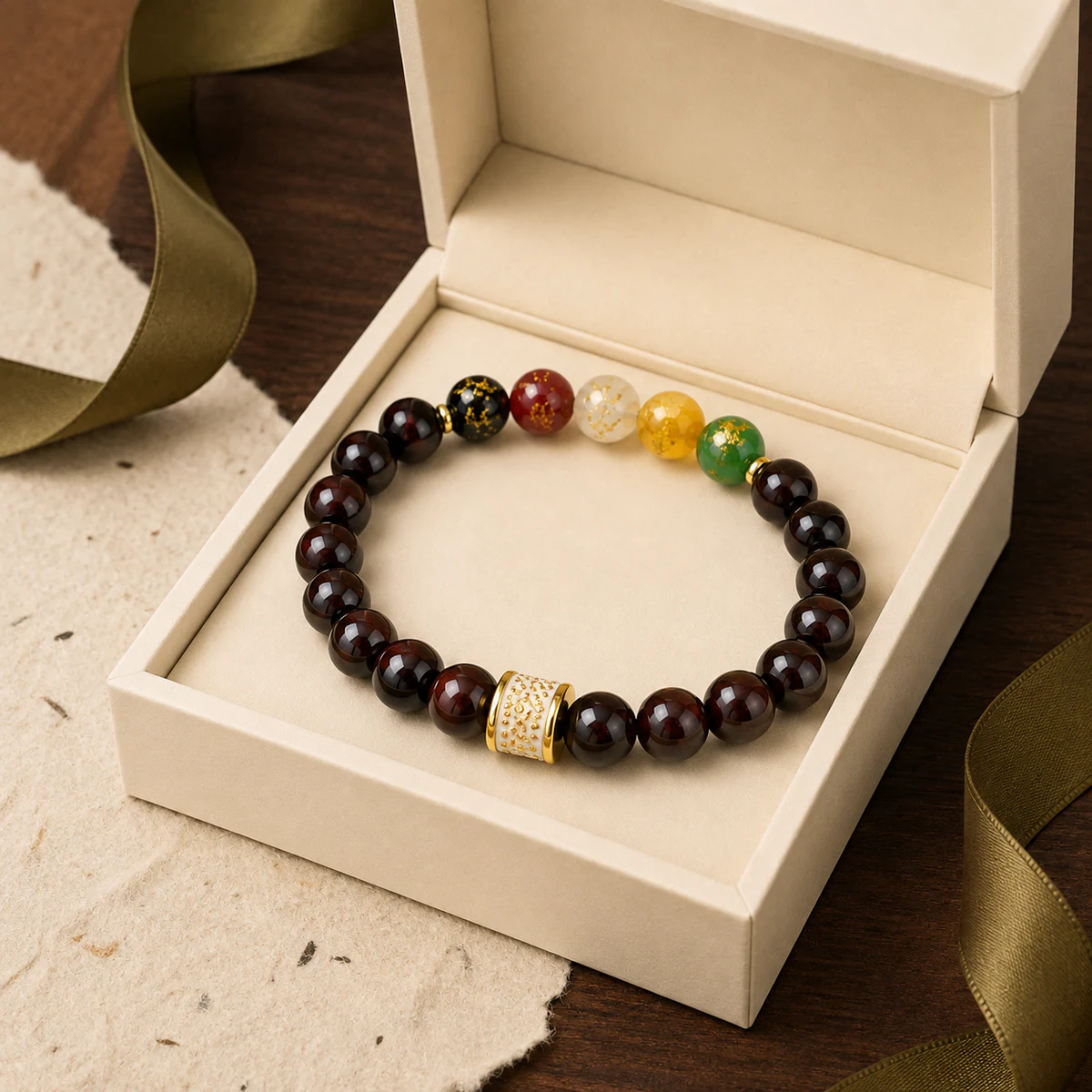 Dark wood bead bracelet gift presentation
