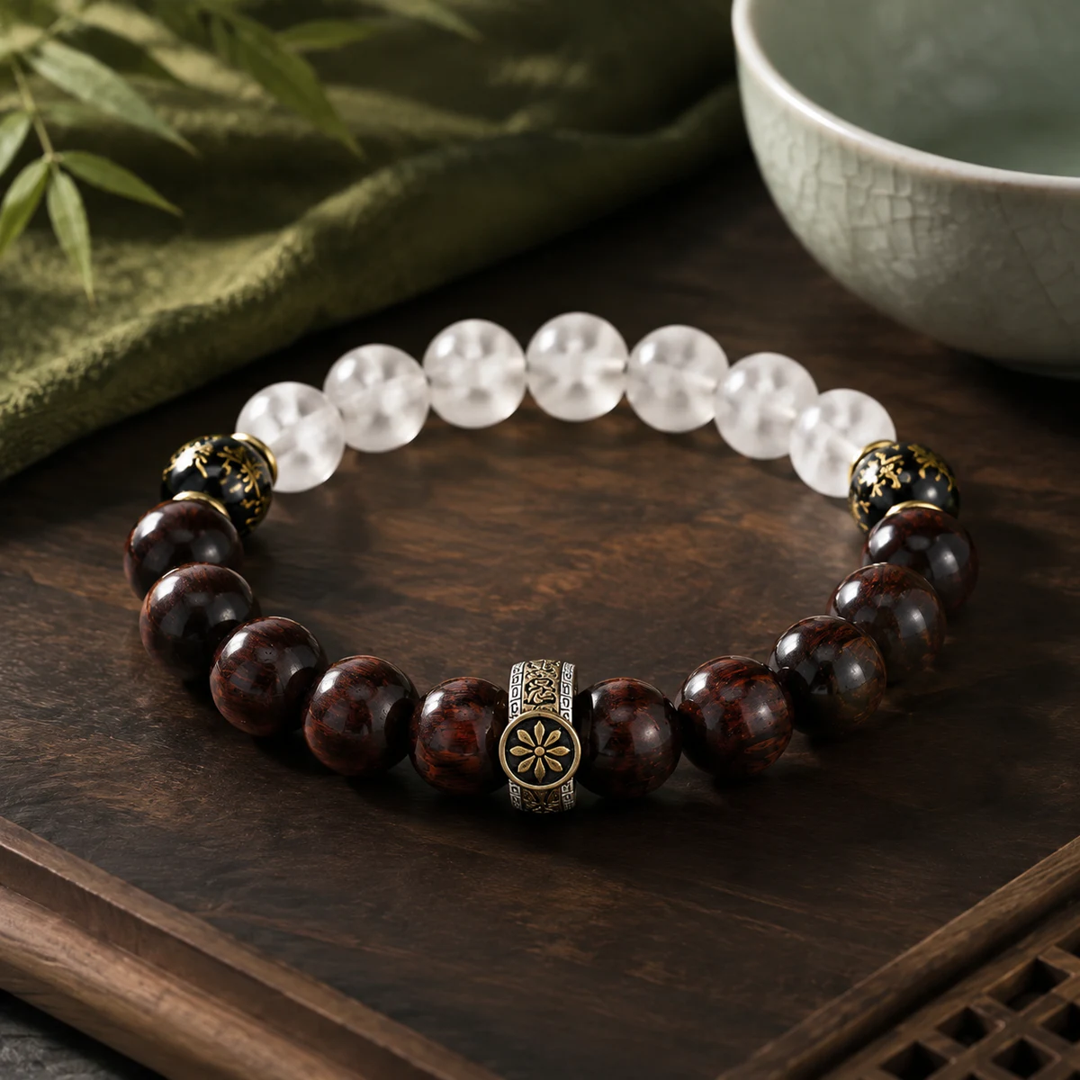 Dark wood and white stone bead bracelet in a new Chinese setting