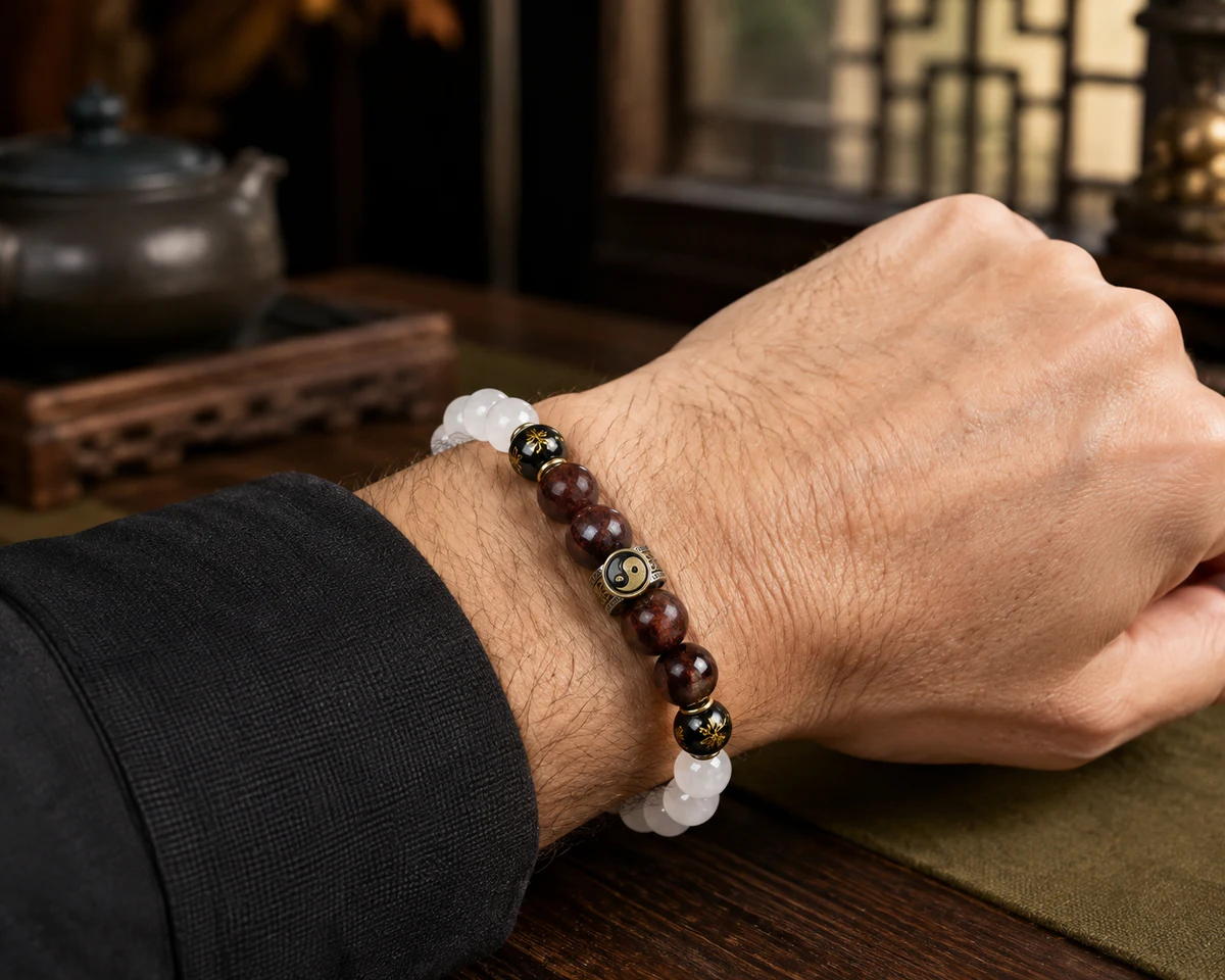 Dark wood and white stone bead bracelet worn on wrist