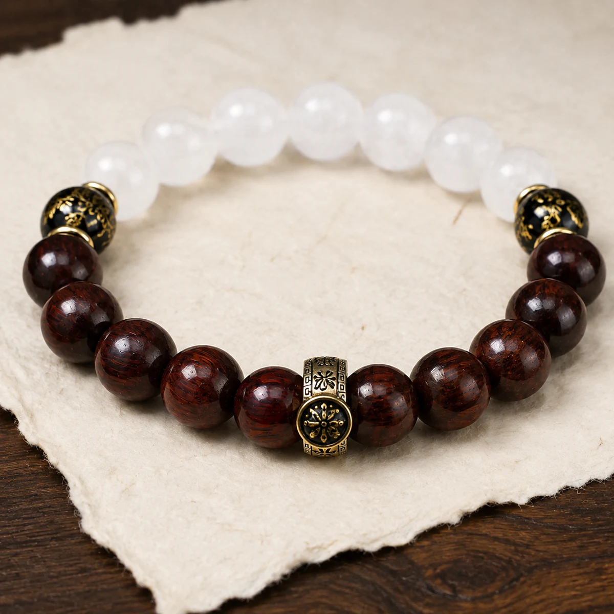 Dark wood and white stone bracelet material detail