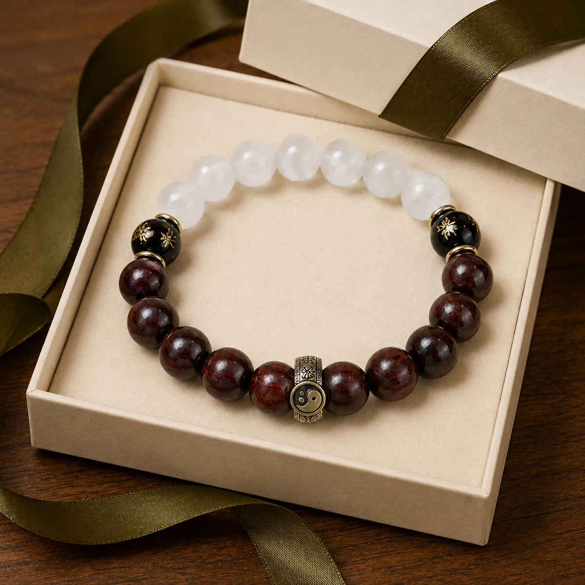 Dark wood and white stone bracelet gift presentation
