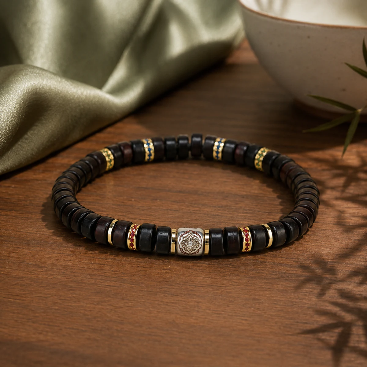 Slim dark wood bead bracelet in a new Chinese setting