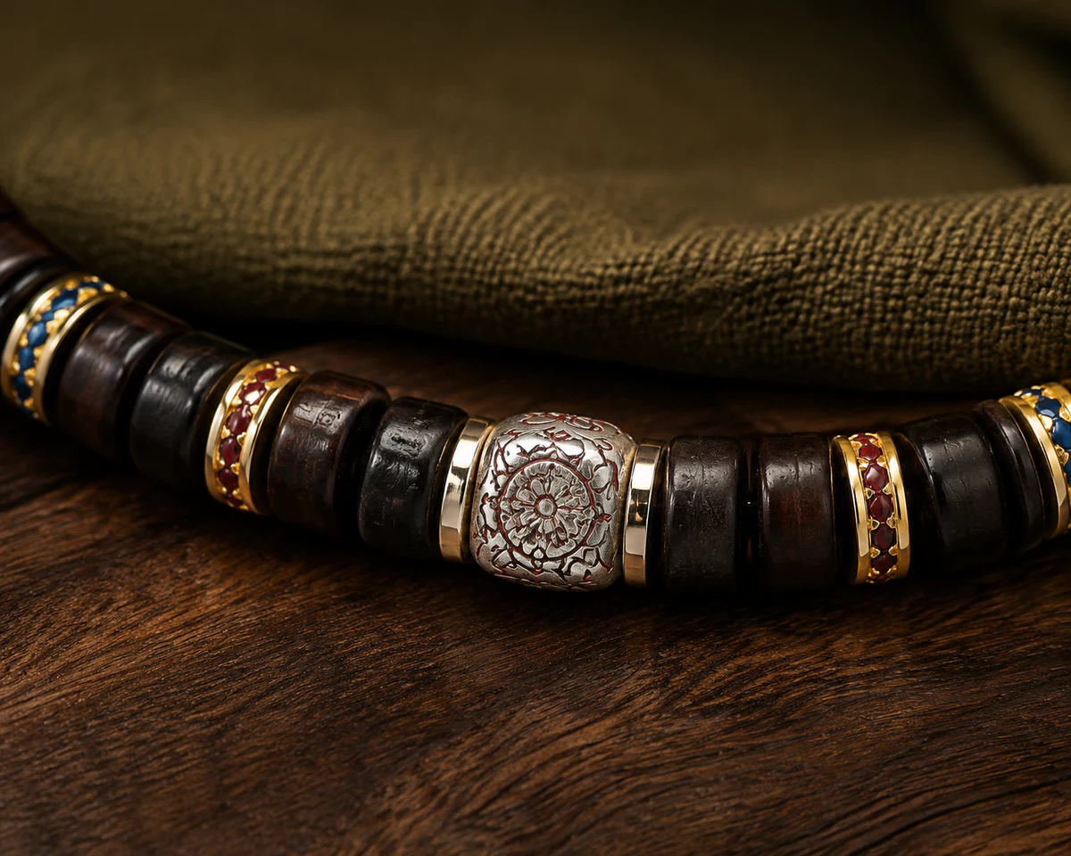 Slim dark wood bracelet abstract metal accent detail