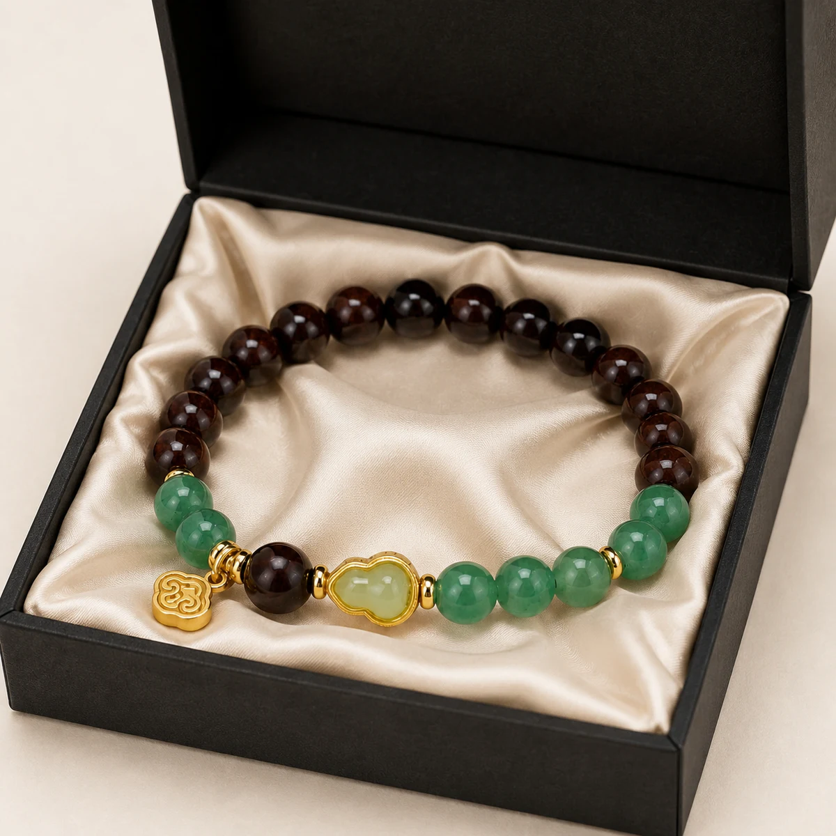 Wood and green jade bracelet in gift box
